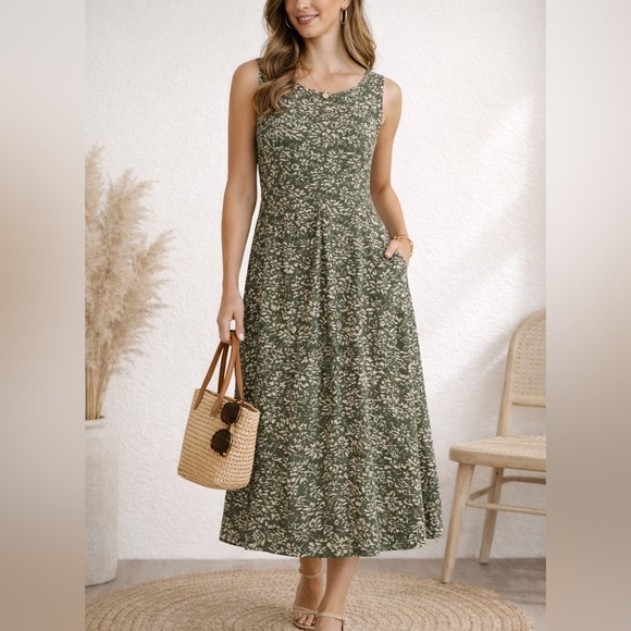 Charter Club Dresses & Skirts - Charter Club Olive Green Floral Sleeveless Dress Size 14 Lightweight Lined